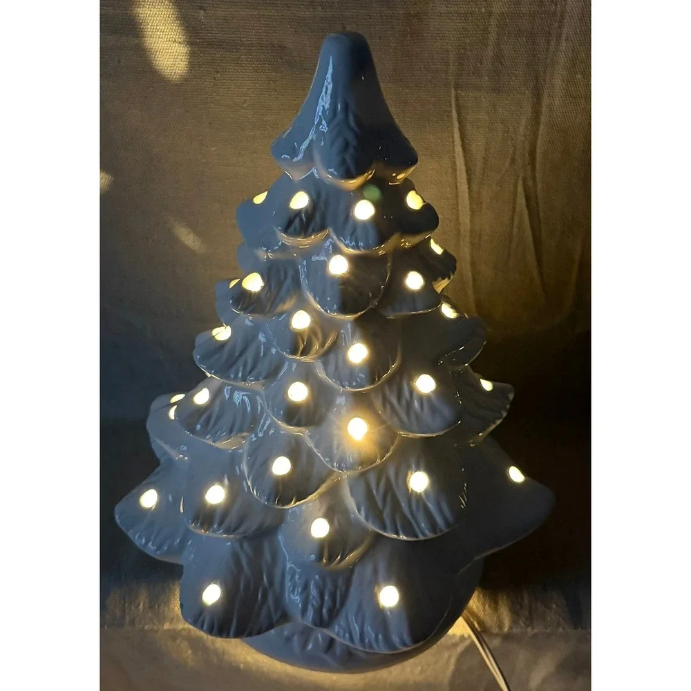 White Ceramic Lighted Christmas Tree 12 Inch Tabletop Holiday Decor Glossy Glaze